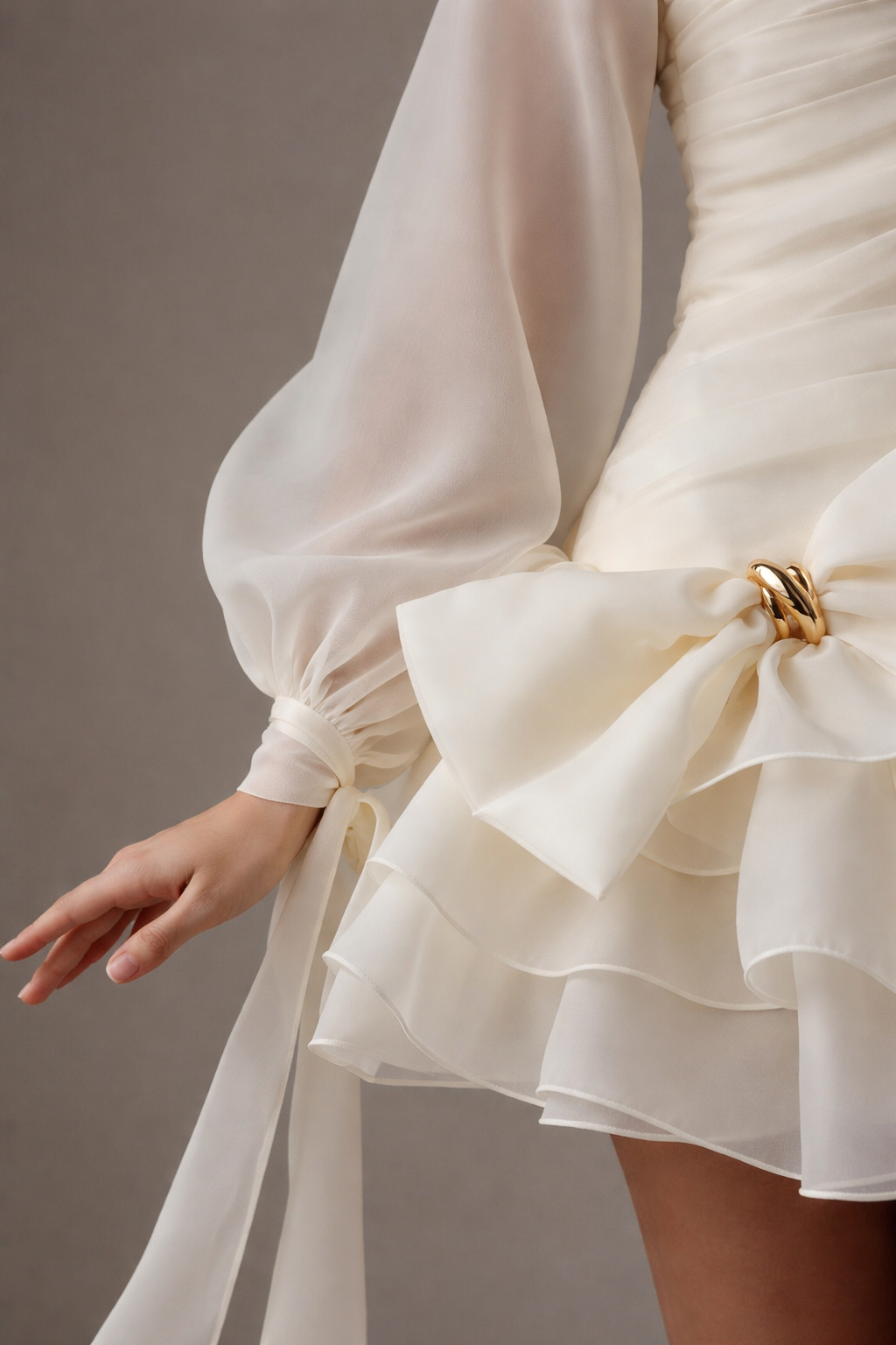 Close-up of a white dress with ruffled skirt and gold belt on a neutral background