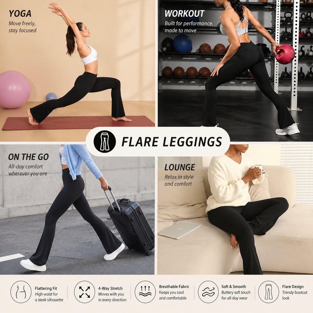 Collage of people wearing black flare leggings in various settings with text describing their use.
