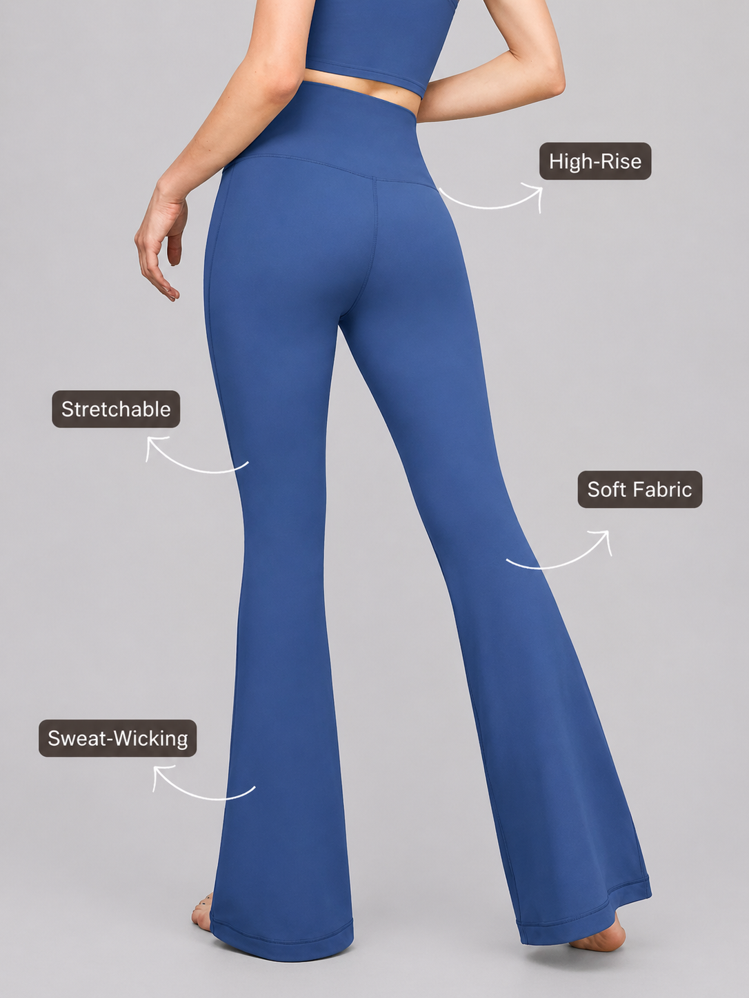 Blue flared pants with text labels on a gray background