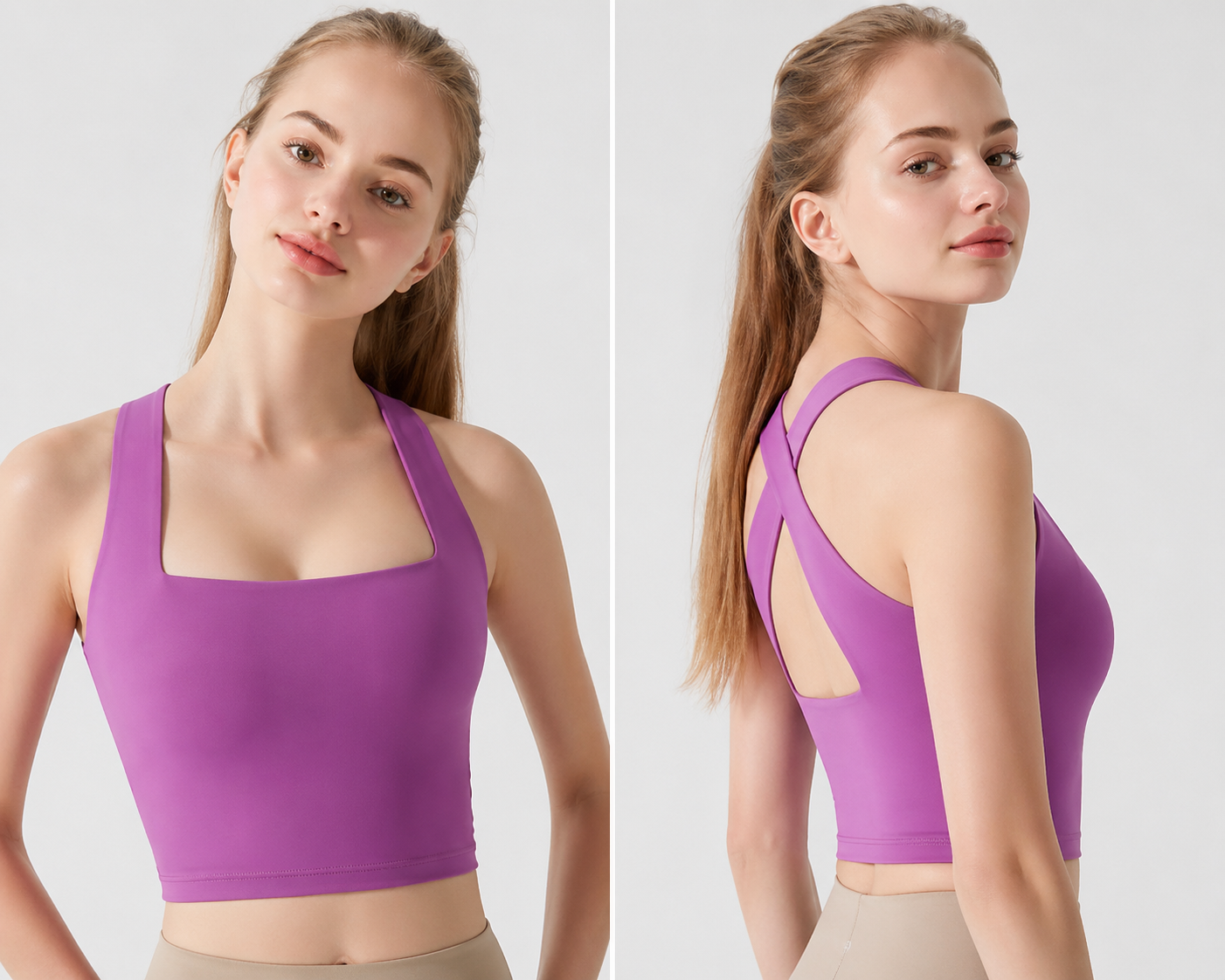 Woman wearing a purple sports bra on a light gray background