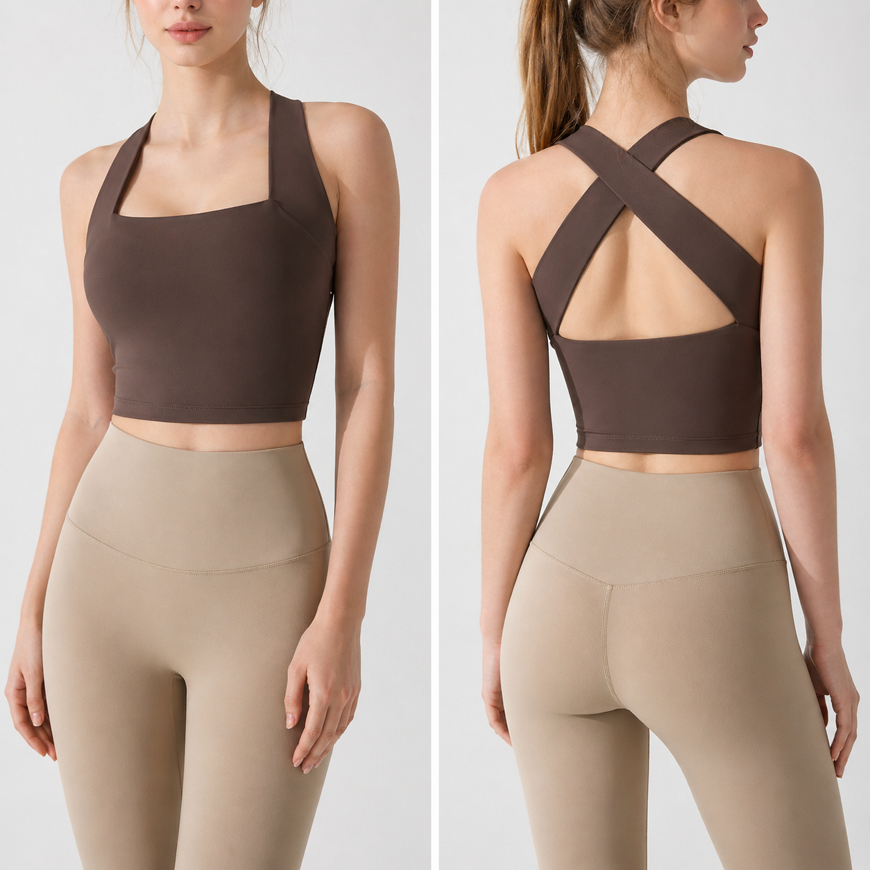 Woman wearing a brown sports bra and beige leggings on a white background