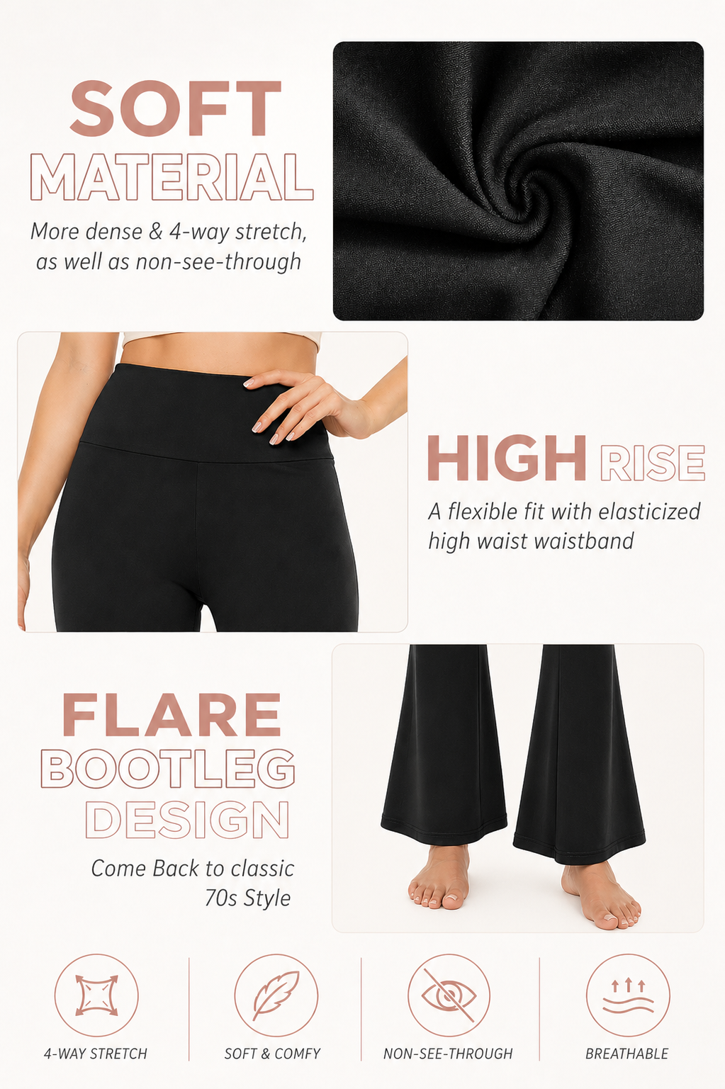 Black pants with text describing features like soft material, high rise, and flare bootleg design.