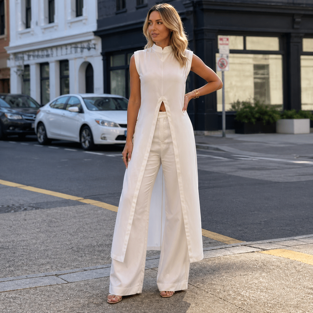 Woman in a white outfit standing on a city street.