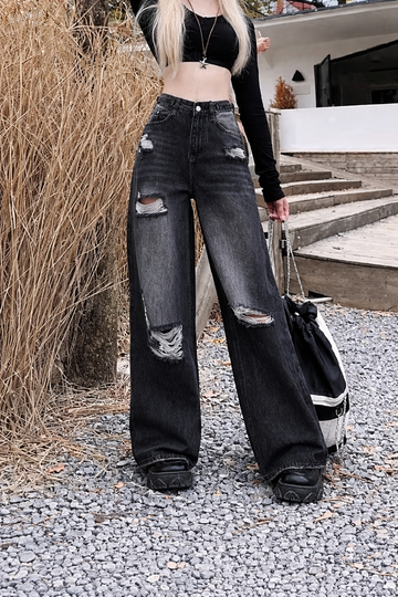 Black Wide-Leg Distressed Denim Jeans (Limited Time Offer)