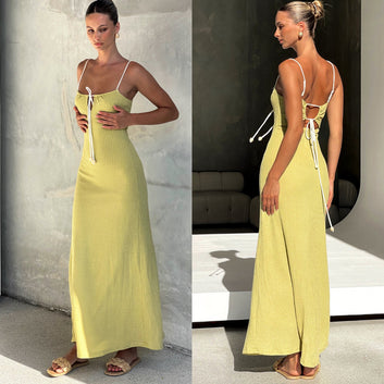 Woman wearing a yellow dress with thin straps, shown from front and back views.