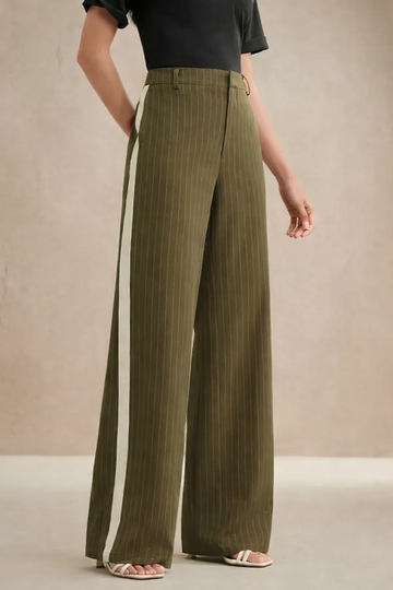 Olive Pinstripe Wide-Leg Trousers with Contrast Side Panel (Limited Time Offer)
