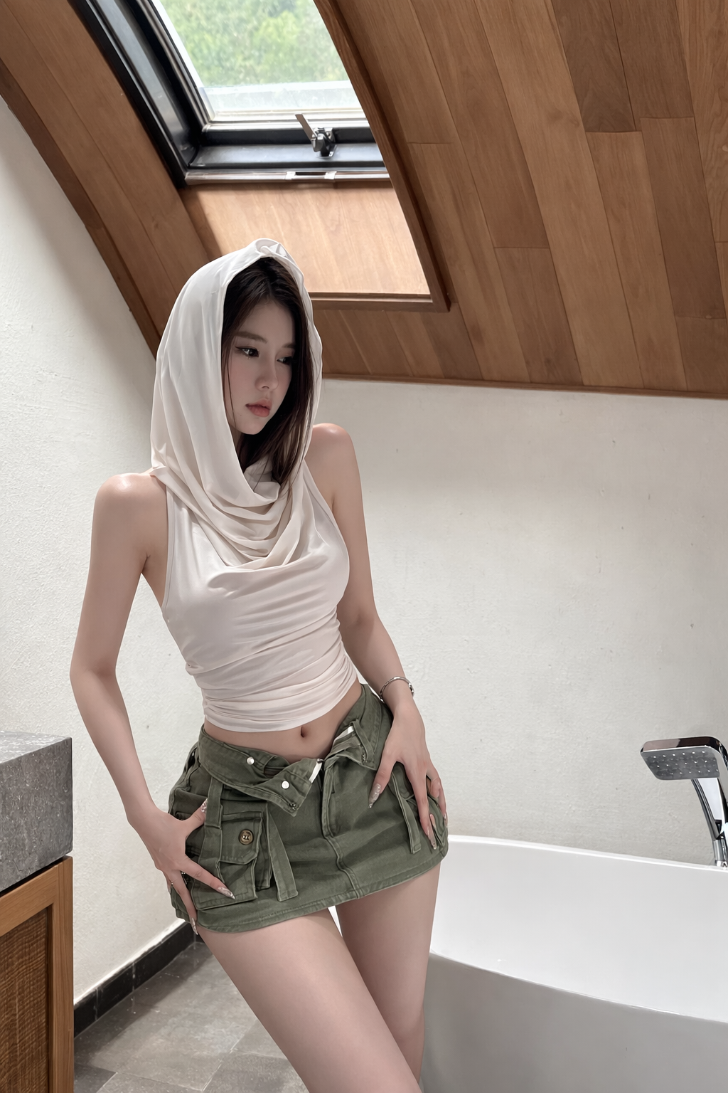 Woman wearing a white top and green shorts in a modern bathroom.