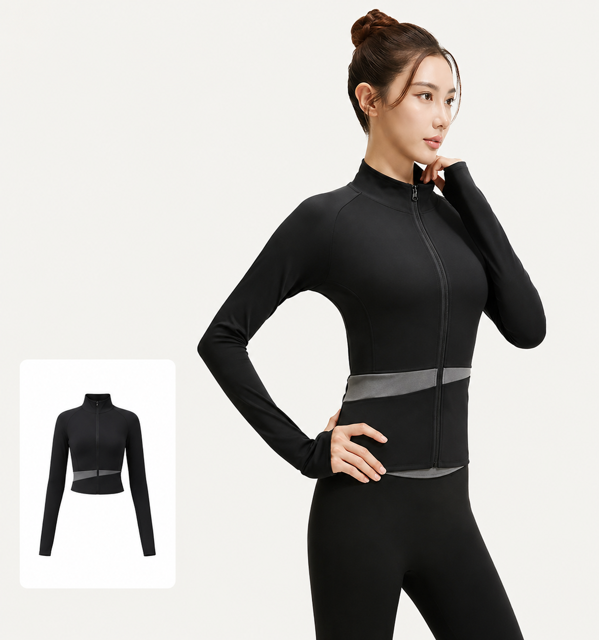 Woman wearing a black athletic outfit with a high collar on a white background