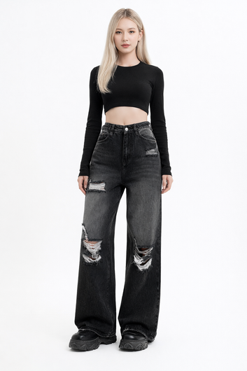 Black Wide-Leg Distressed Denim Jeans (Limited Time Offer)