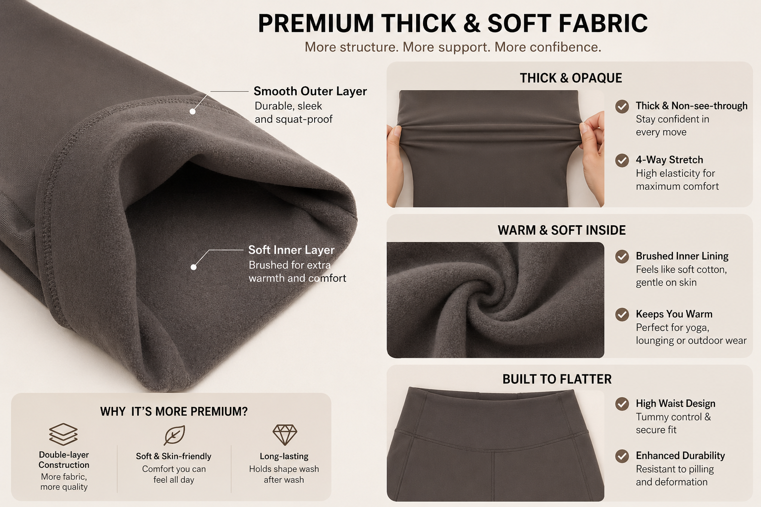Text description of premium thick and soft fabric with features and benefits.