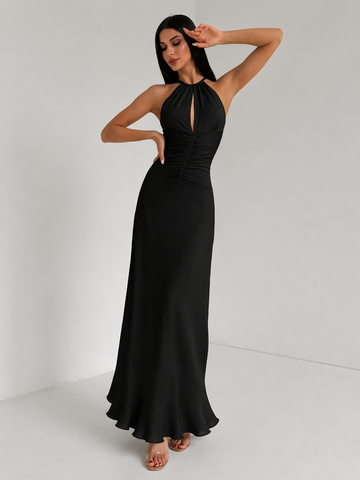 Black Halter Neck Ruched Maxi Dress (Limited Time Offer)