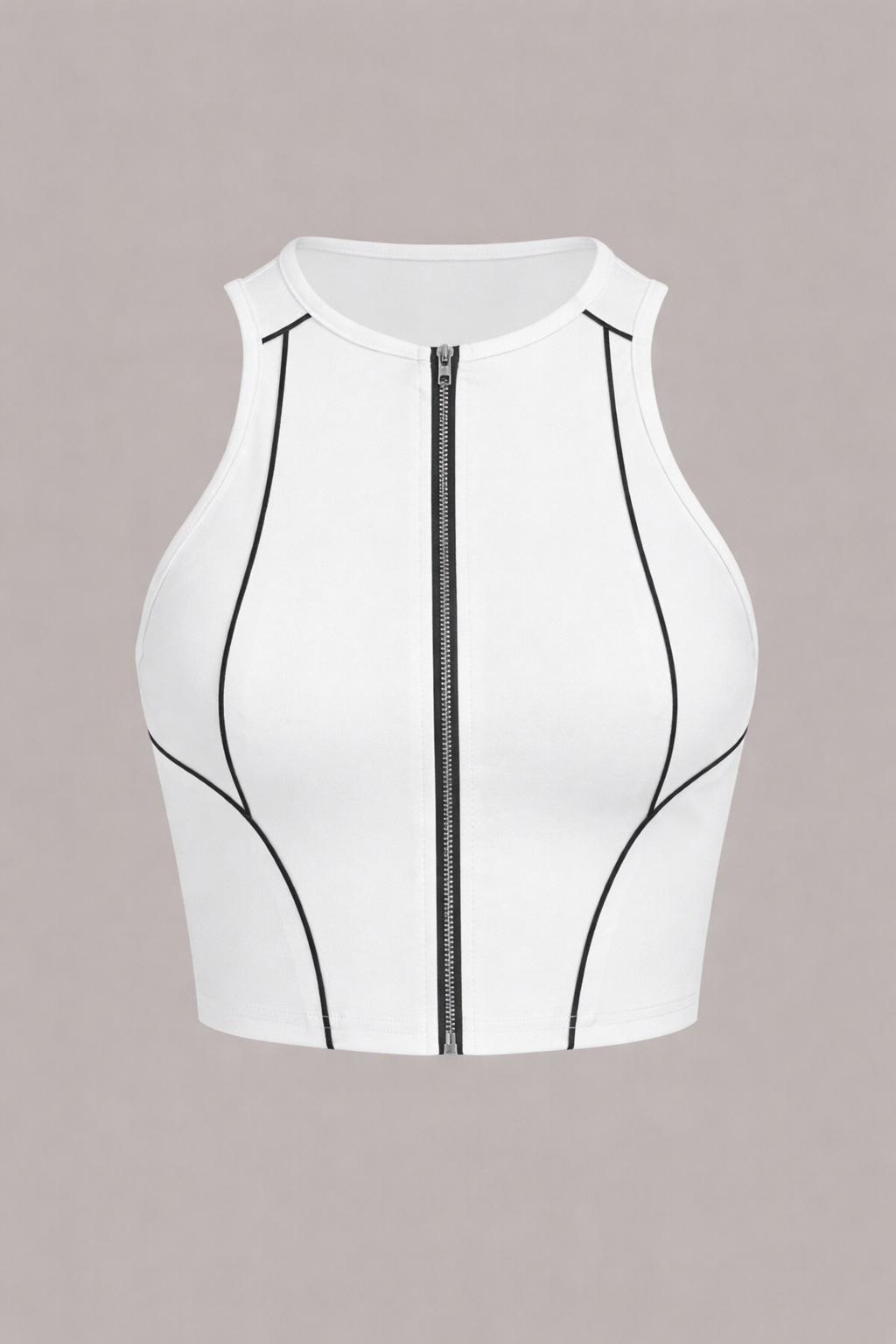White crop top with black zipper on a beige background