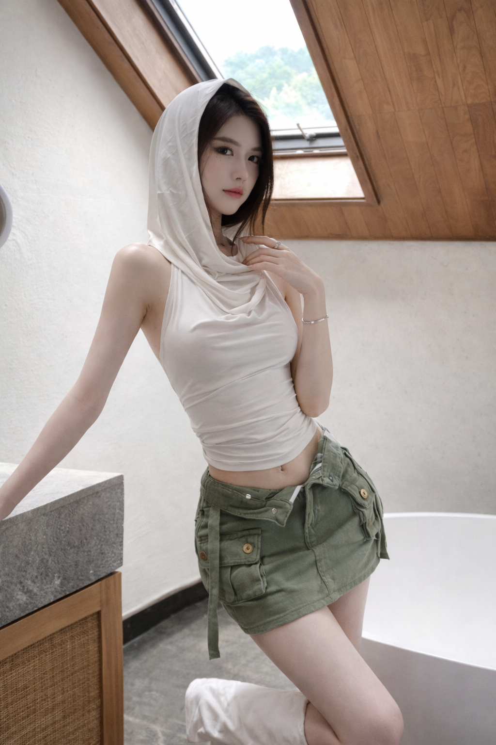 Woman wearing a white sleeveless top and green shorts indoors.