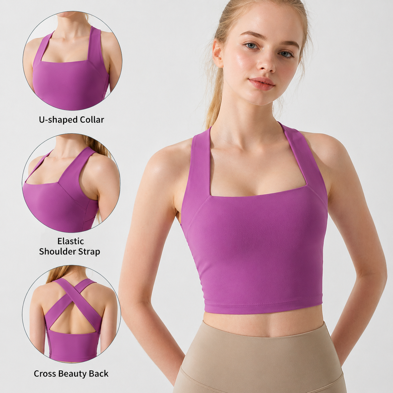 Purple sports bra with U-shaped collar, elastic shoulder strap, and cross beauty back design on a model against a white background.