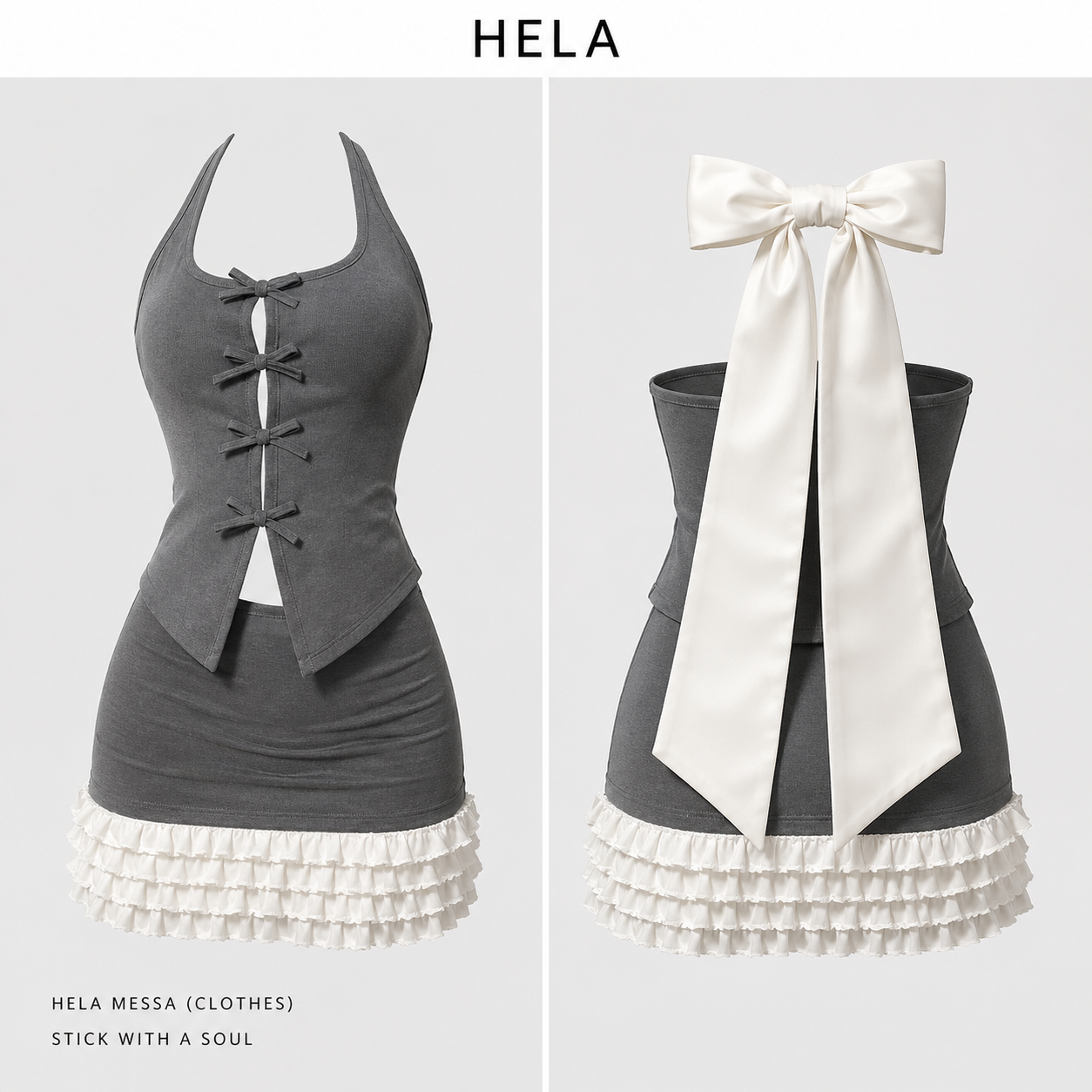 Gray halter top with white ruffled skirt and bow, labeled 'HELA'.