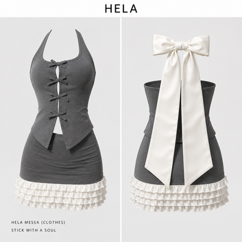 Gray halter top with white ruffled skirt and bow, labeled 'HELA'.