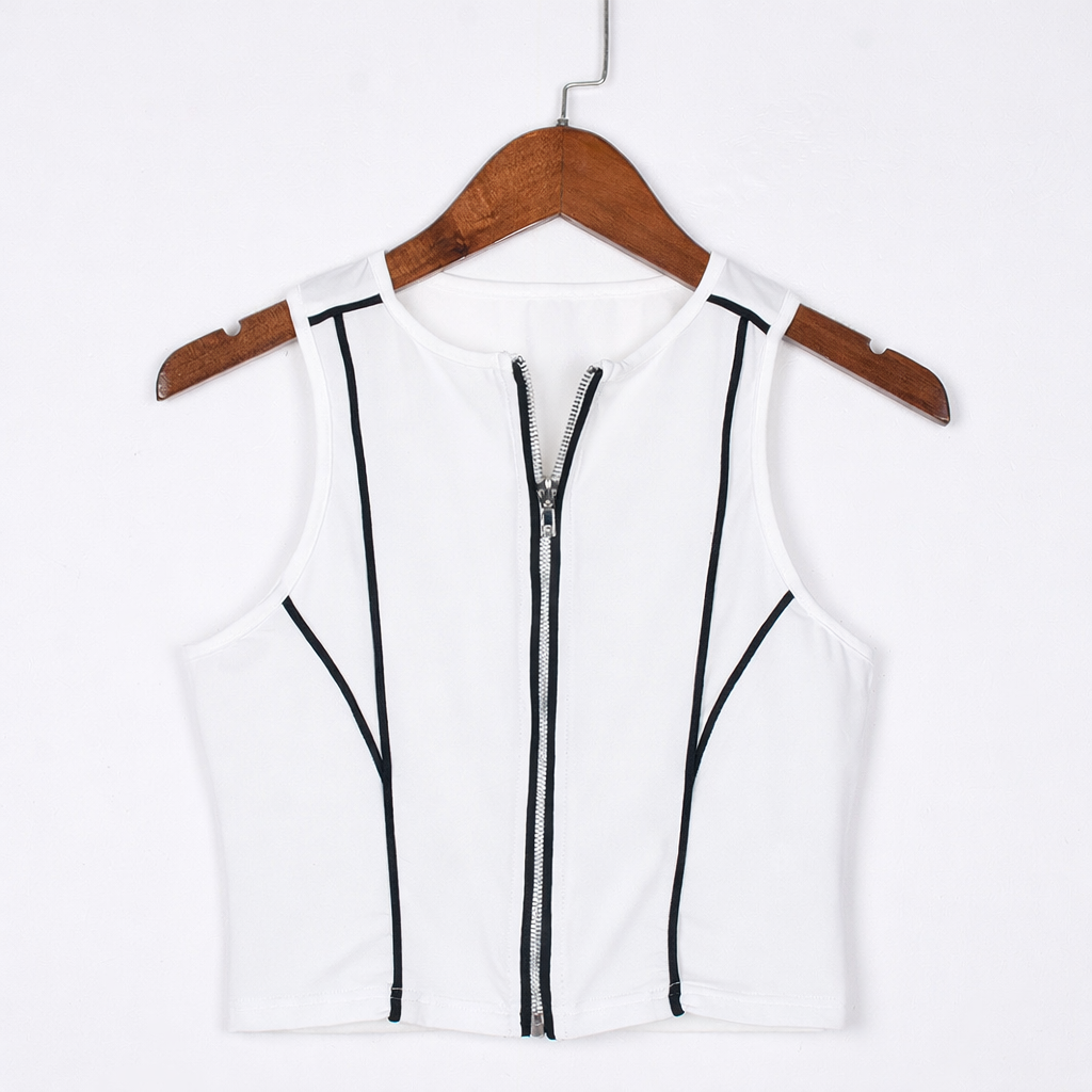White sleeveless top with black zipper and trim on a wooden hanger against a white background