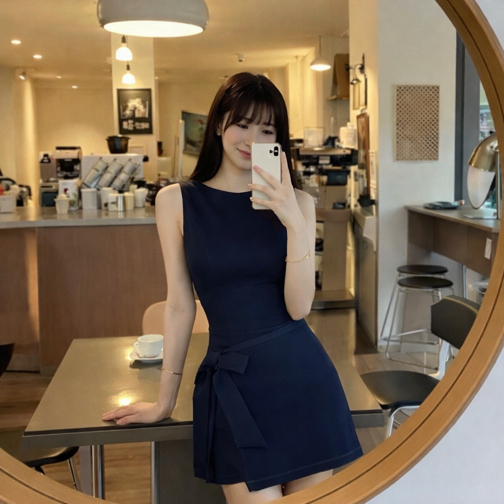 Woman in a navy blue dress taking a mirror selfie in a cafe.