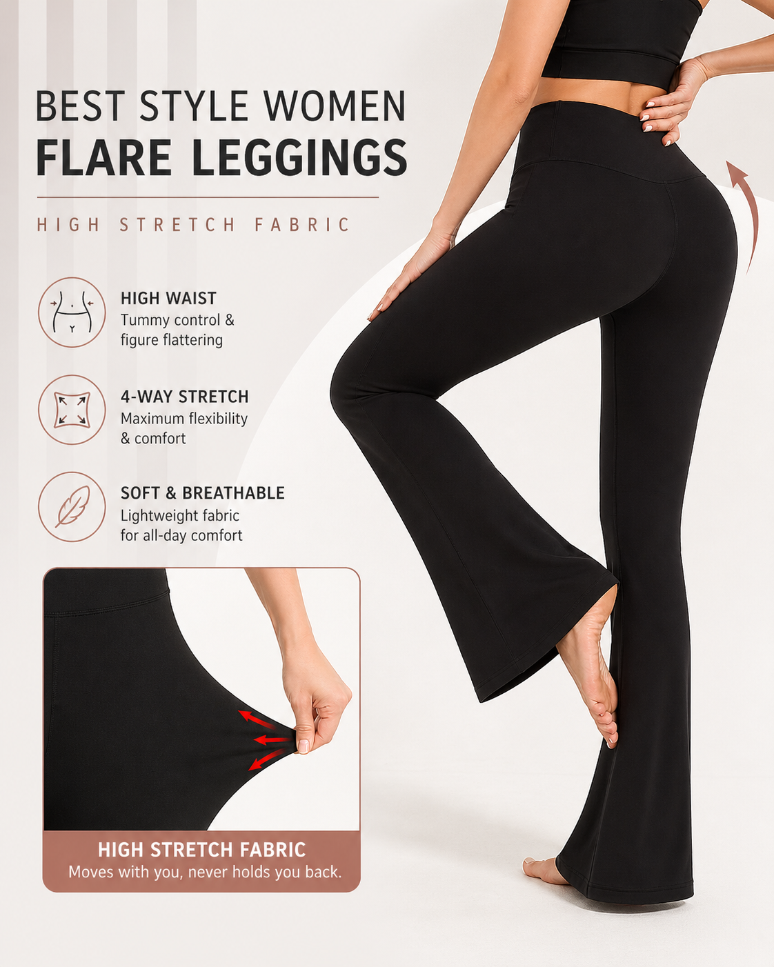 Black flare leggings with features highlighted on a white background