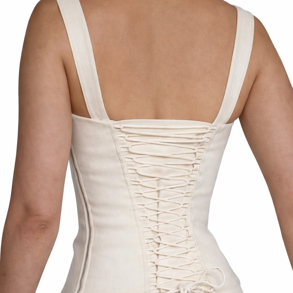 Close-up of a beige corset with thin straps on a white background
