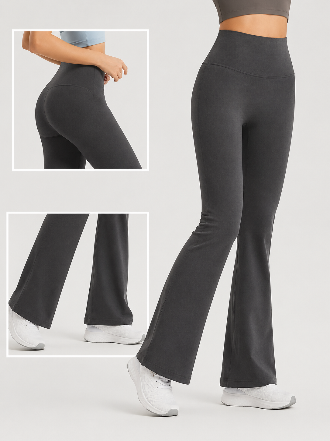 Dark gray flared pants worn by a person on a light gray background