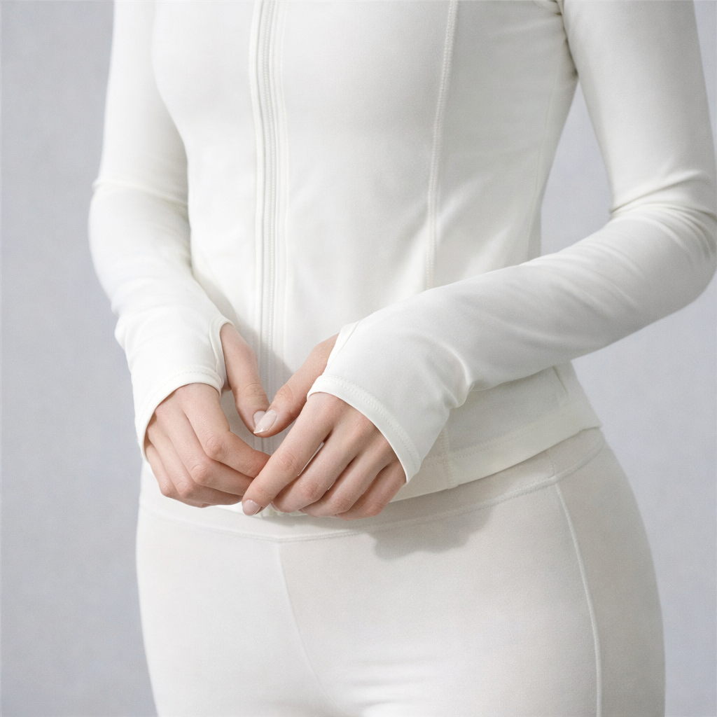 Person wearing a white long-sleeve top and pants on a light gray background