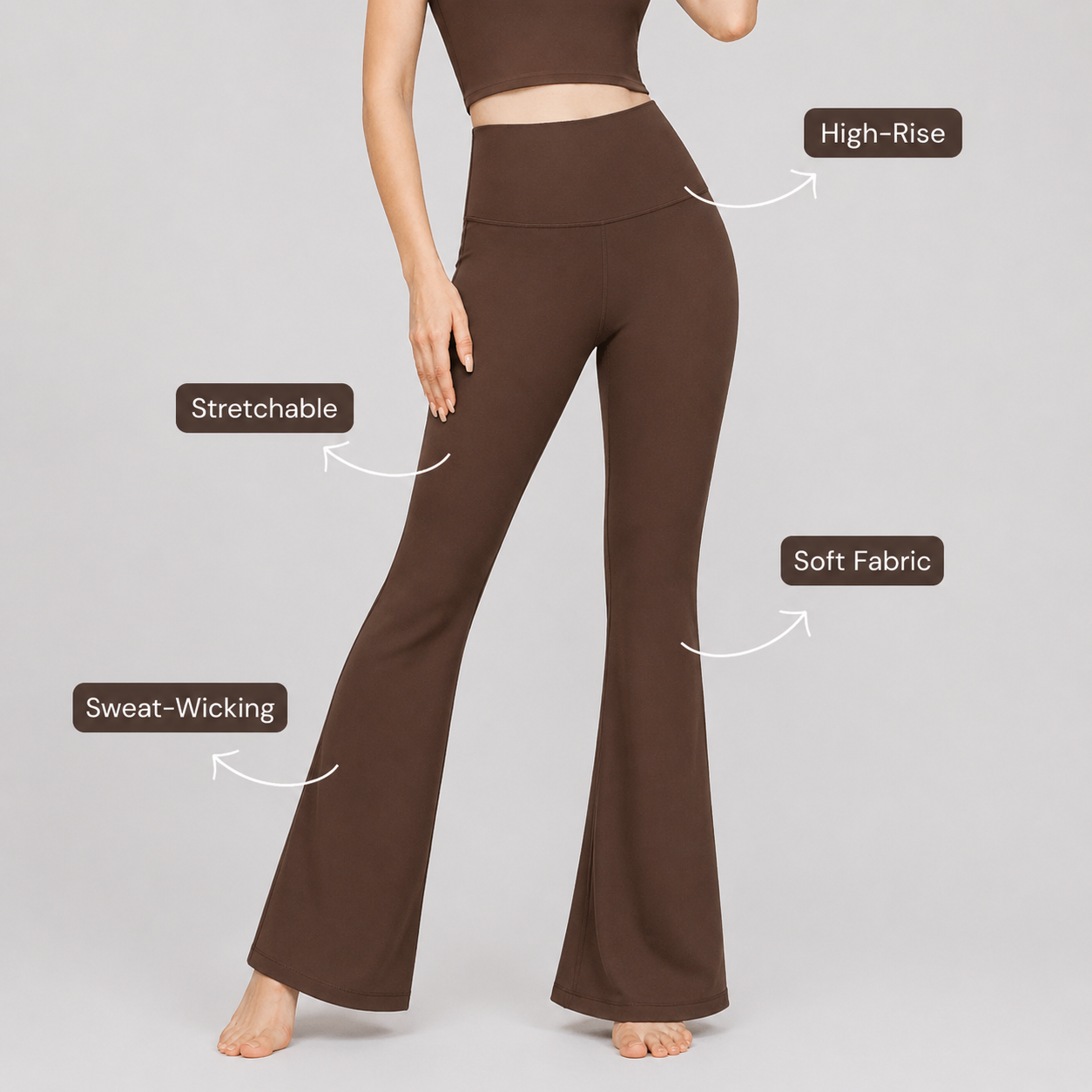 Brown flared pants with text labels on a gray background