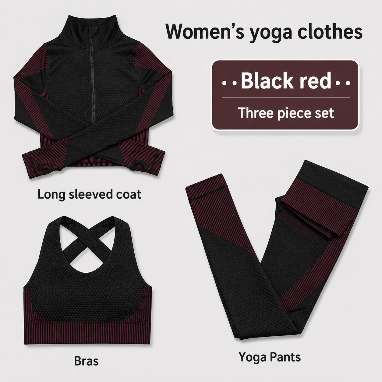 Three-piece women's yoga clothing set with long-sleeved coat, bras, and yoga pants on a light gray background.