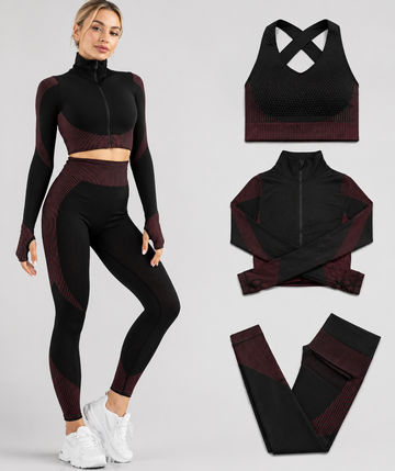 Black and burgundy athletic outfit with separate pieces on a light gray background