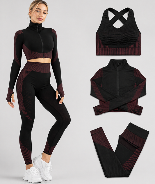 Black and burgundy athletic outfit with separate pieces on a light gray background