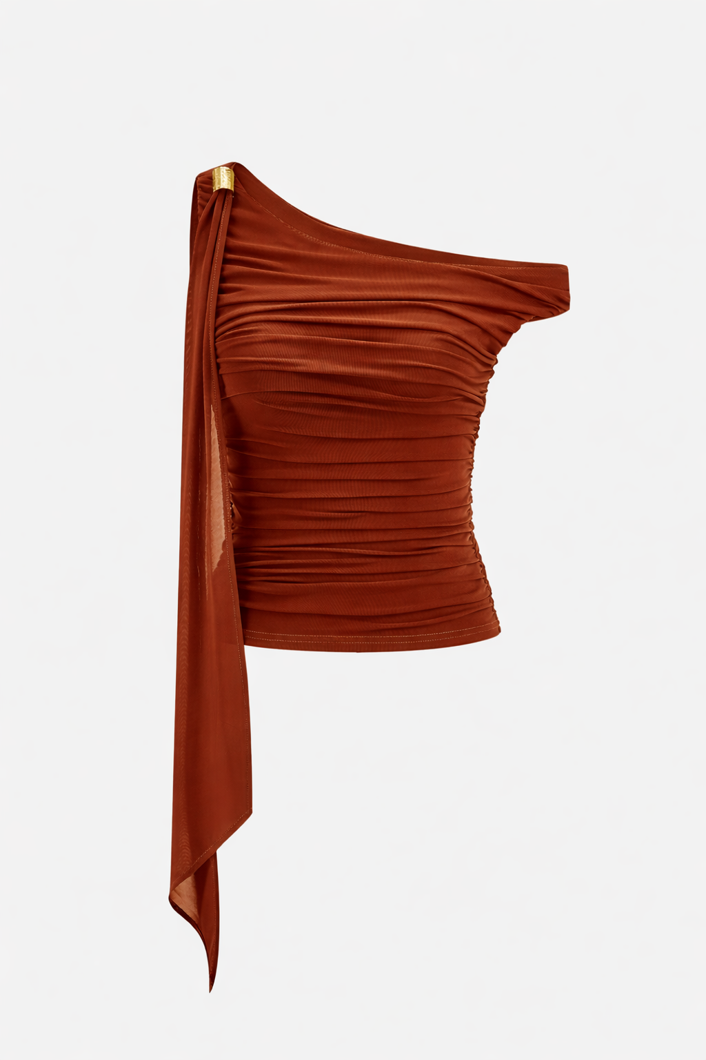 Brown one-shoulder ruched top on a white background