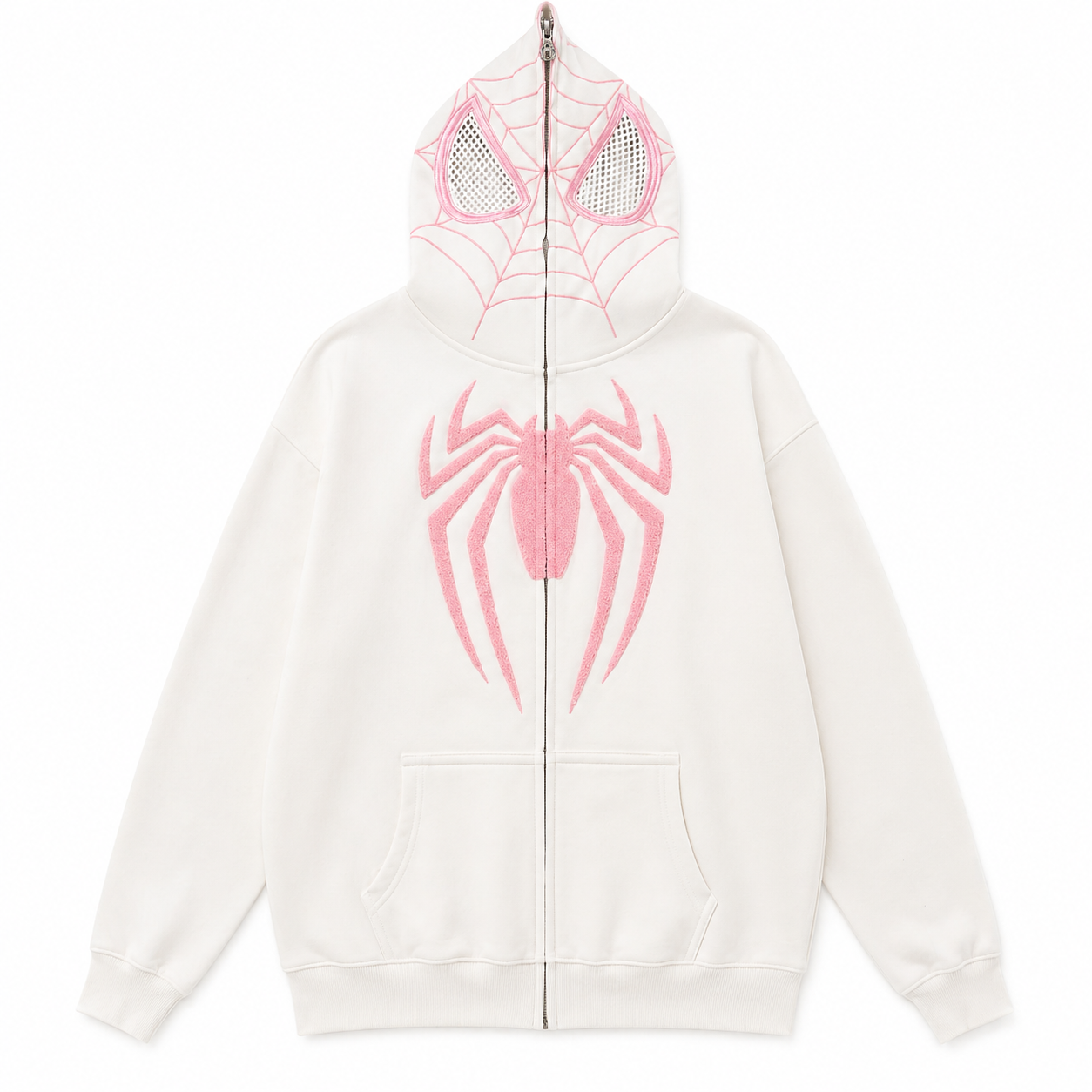 White hoodie with pink spider design on a white background