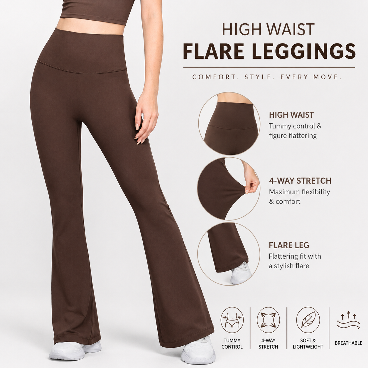 Brown high waist flare leggings with features highlighted on a white background