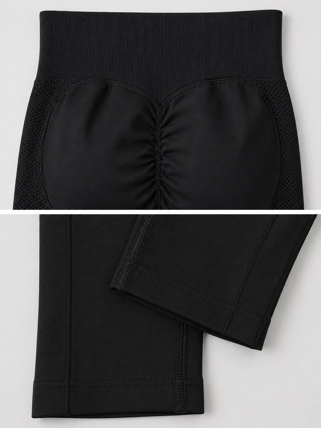 Close-up of black leggings with a focus on texture and fit.