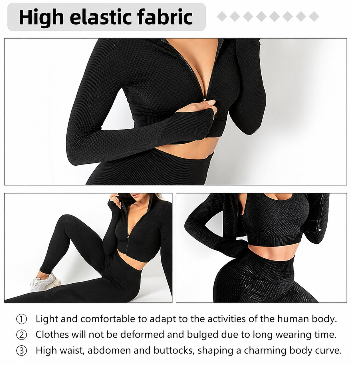 Black athletic outfit with high elastic fabric on a white background