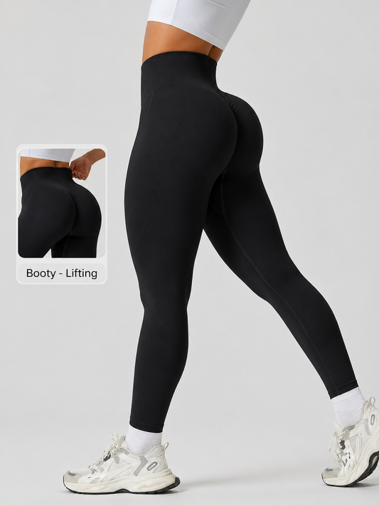 Person wearing black leggings with a close-up inset showing 'Booty-Lifting' feature on a light gray background.