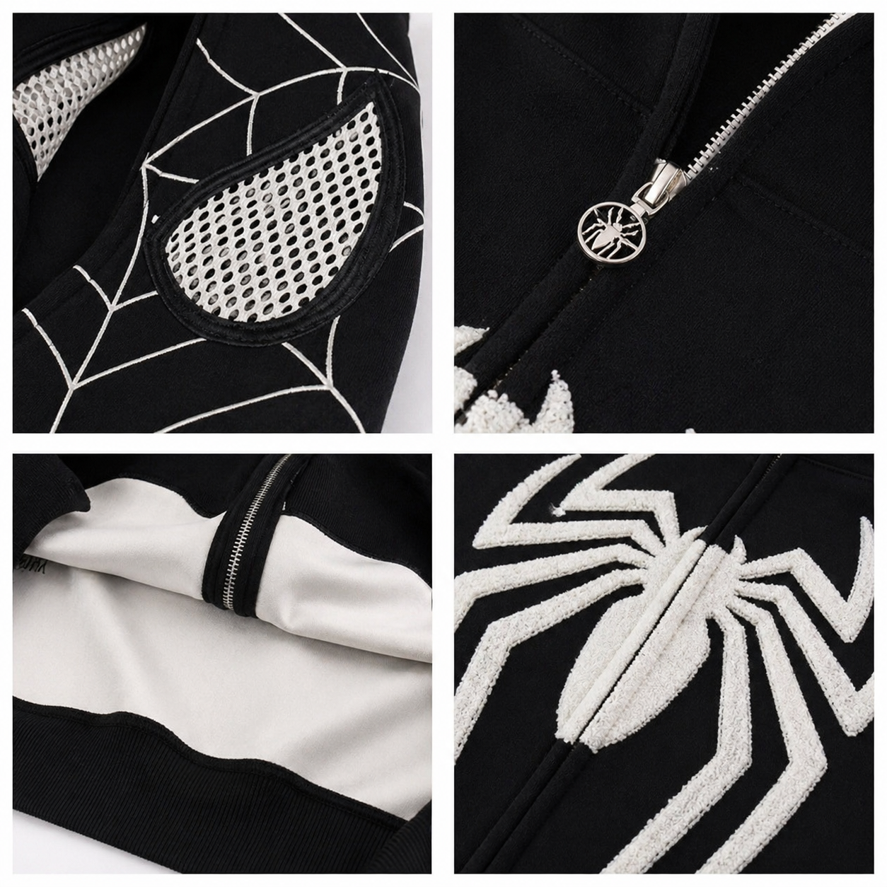Black jacket with white spider web design and zipper detail