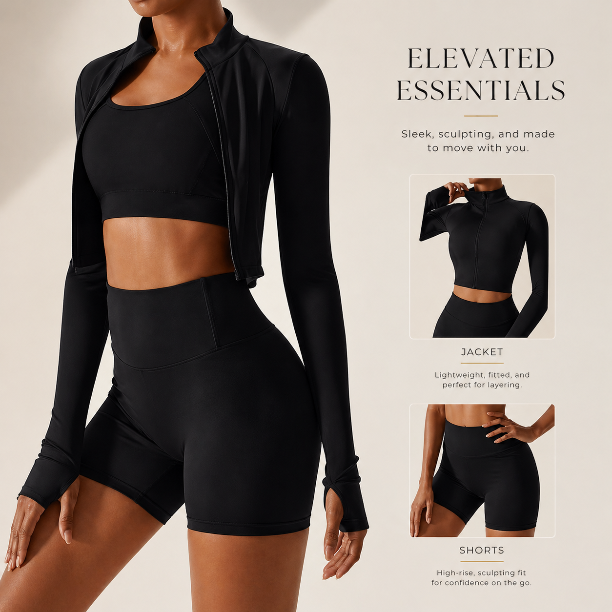 Black athletic jacket and shorts set with promotional text on a neutral background