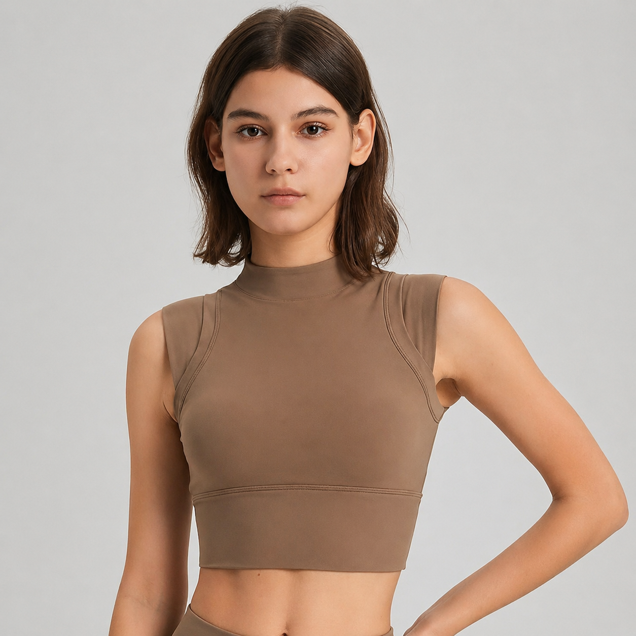 Woman wearing a brown sleeveless top against a gray background