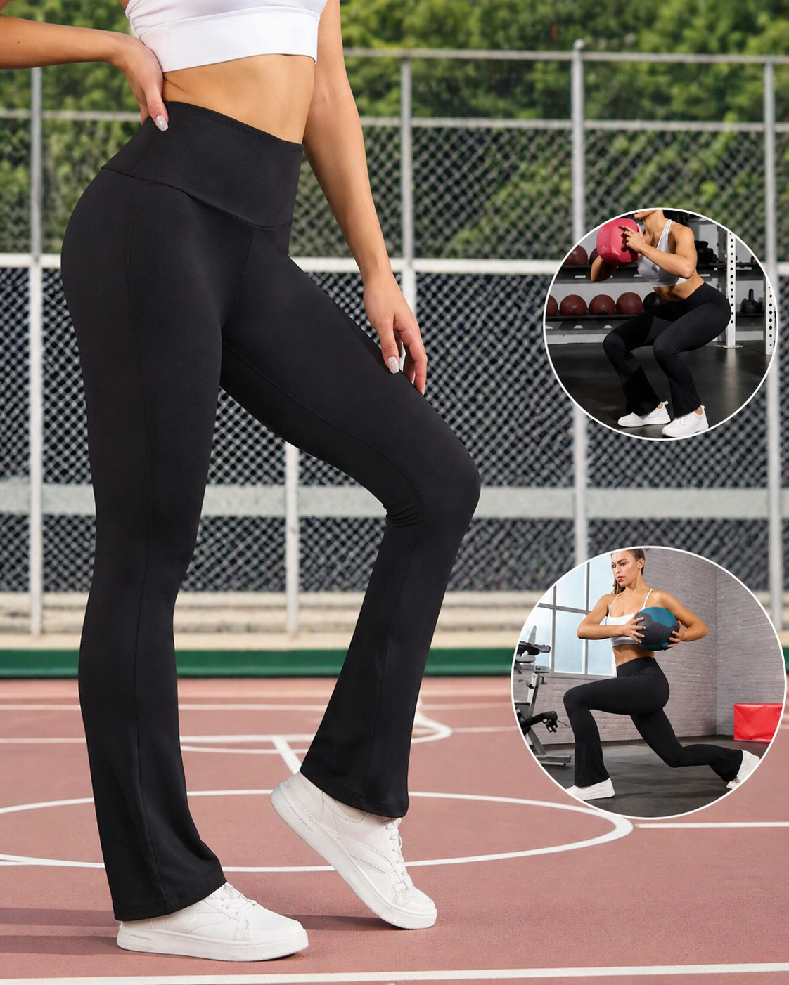 Person wearing black athletic pants on a sports court with inset images of the pants in use.