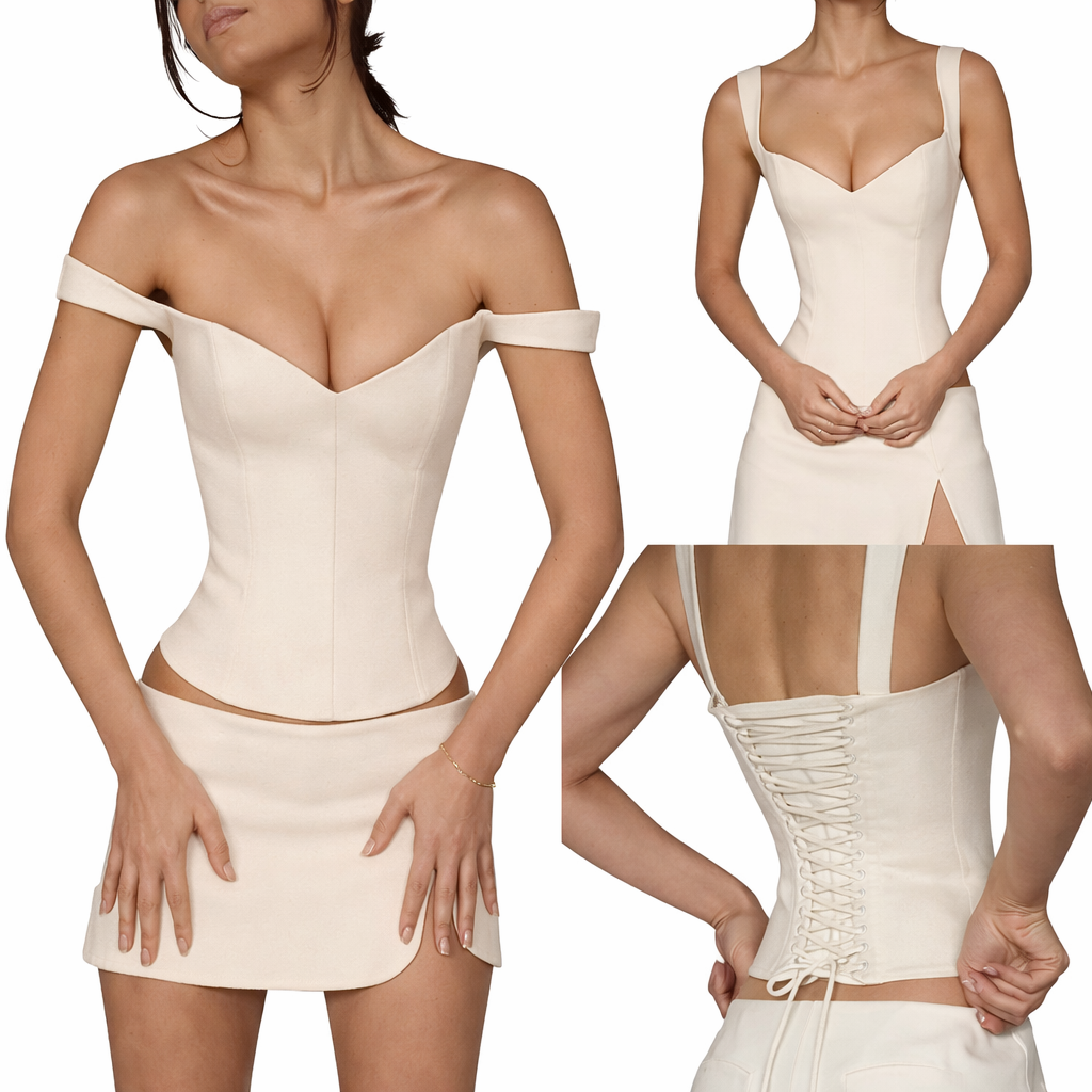 Collage of a woman wearing a white shapewear garment on a white background