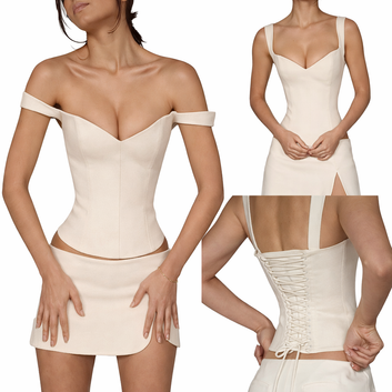 Collage of a woman wearing a white shapewear garment on a white background