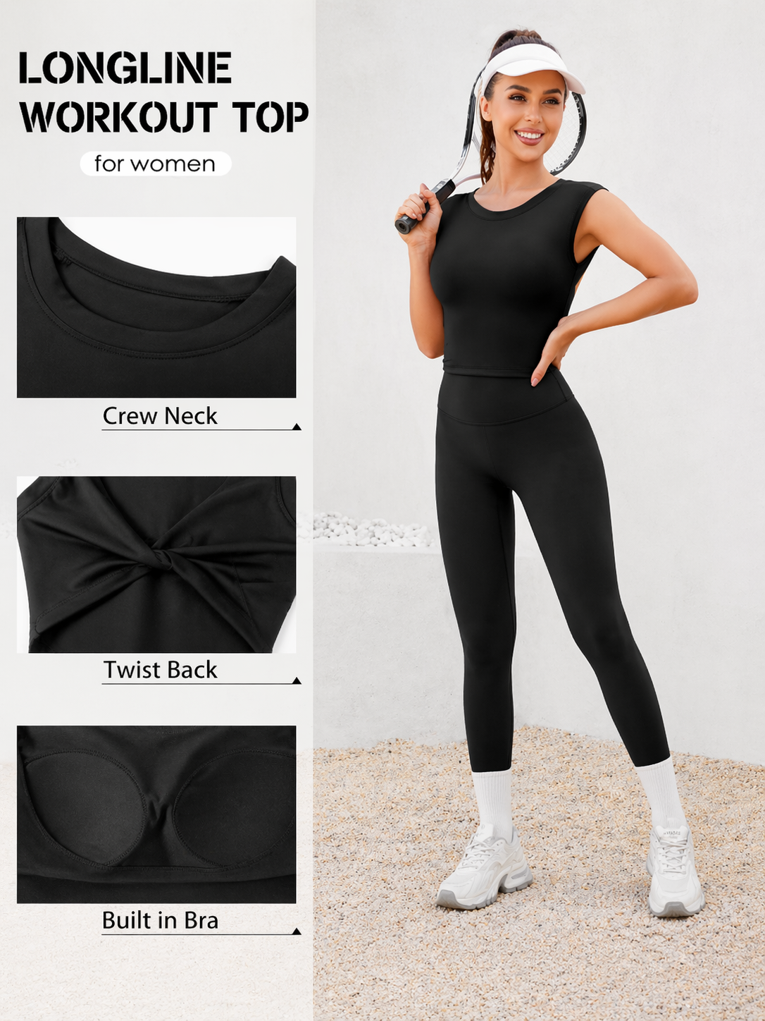 Woman wearing a black longline workout top and leggings with product features highlighted on the left.