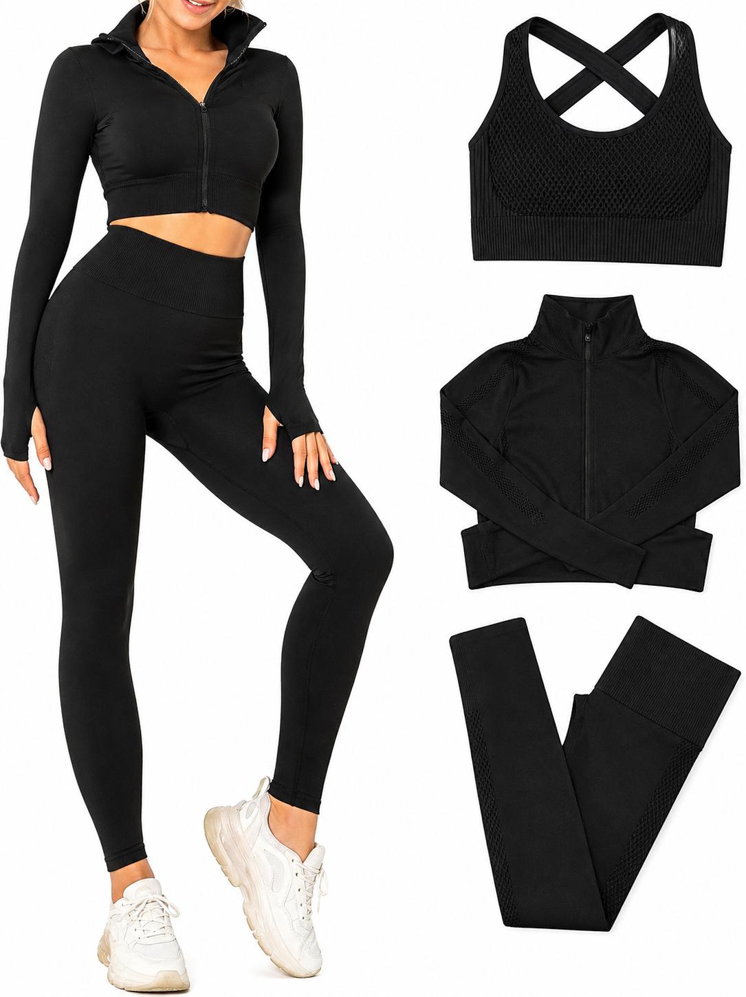 Black athletic outfit with long-sleeve top, leggings, and sports bra on a white background.