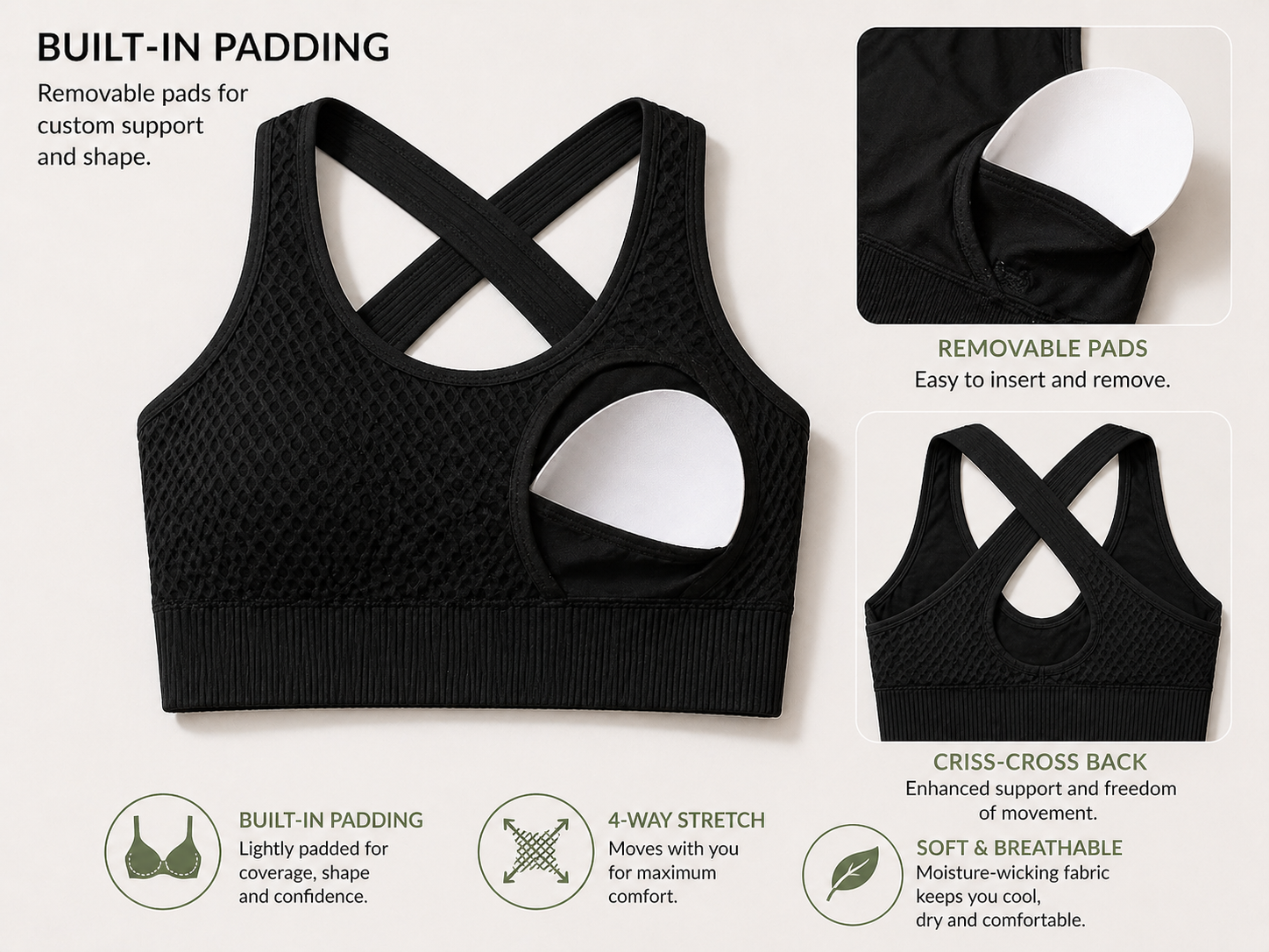 Black sports bra with criss-cross back design on a white background, featuring text about built-in padding and features.