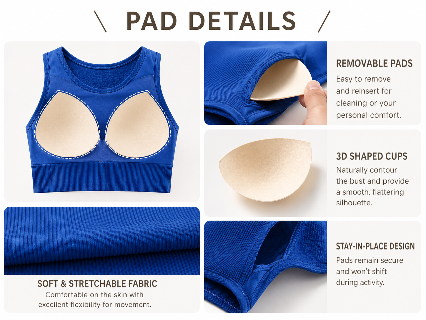 Blue sports bra with removable pads and text detailing features on a white background