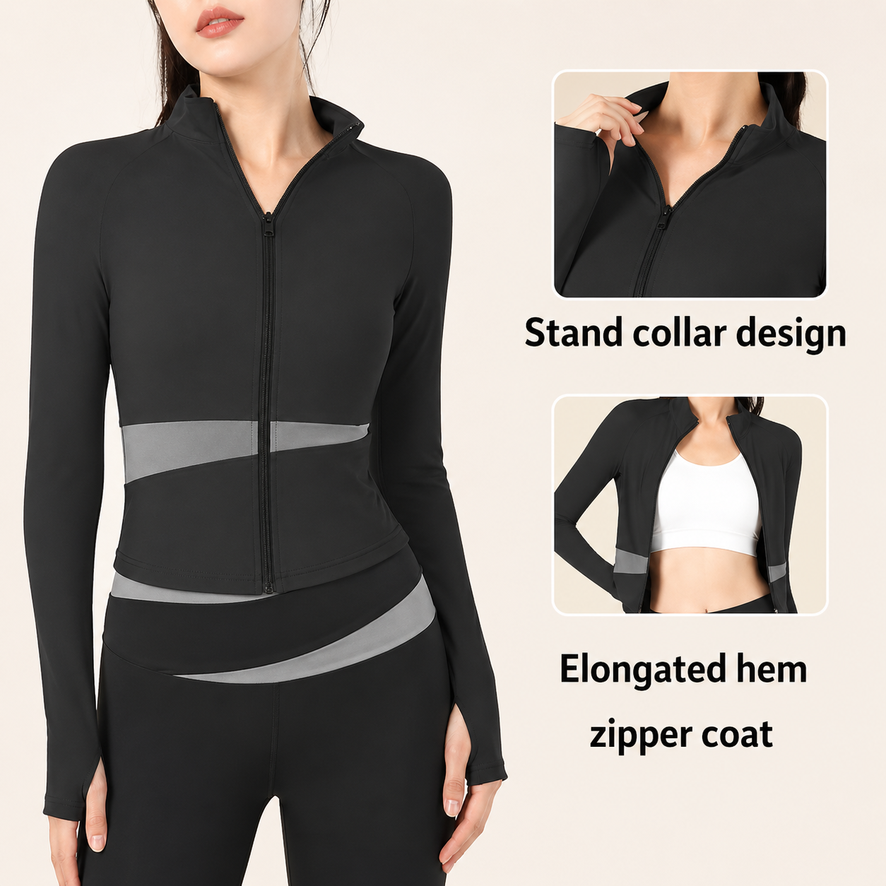 Black zip-up jacket with stand collar and elongated hem, worn by a model on a beige background.