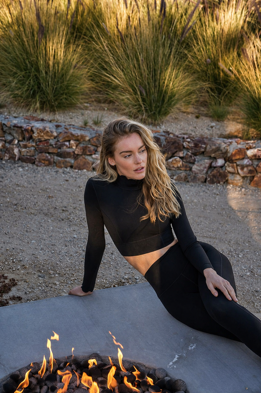 Woman in black wetsuit sitting by a fire pit with flames, surrounded by tall grasses.