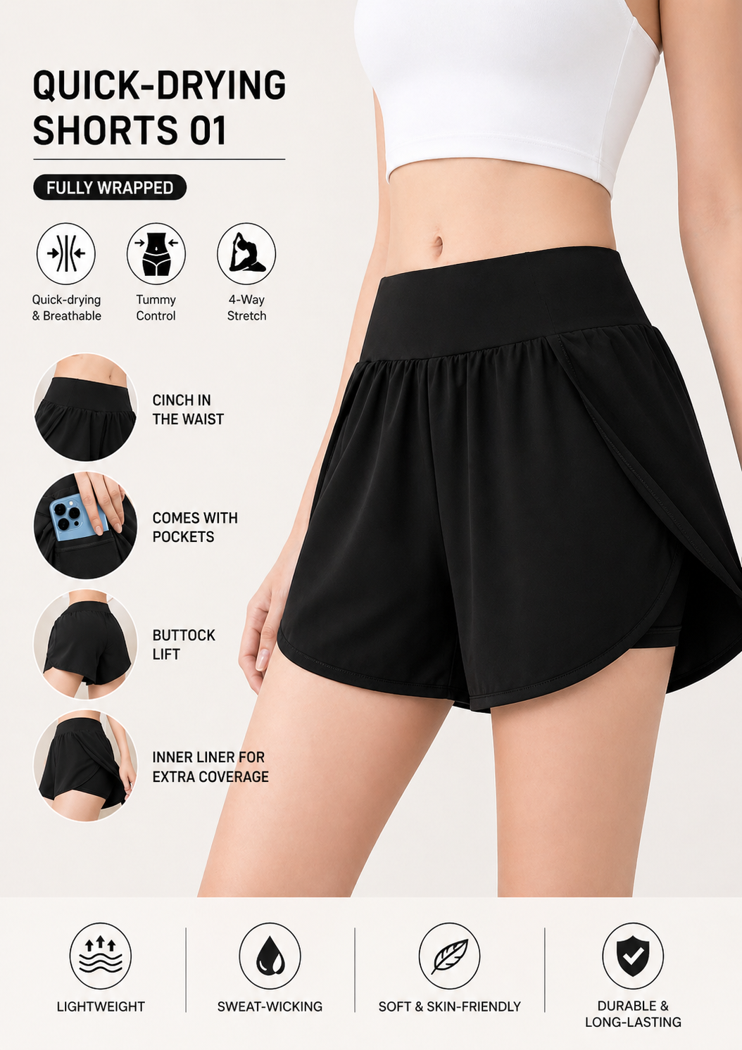 Black quick-drying shorts with features listed on a white background