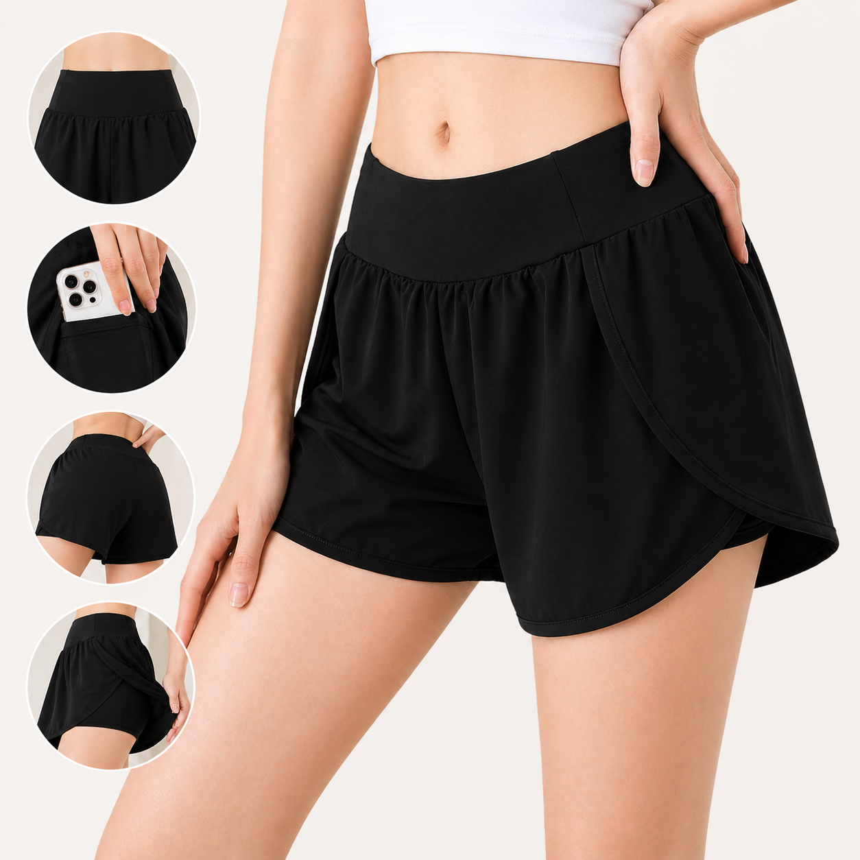 Black shorts being modeled with inset images showing different angles on a white background